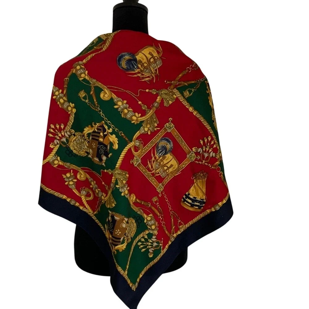 Classic‎ Red Green Black Equestrian Chain Print Scarf 35x33 Large Square